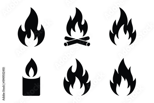 Fire icons collection: flame, bonfire, candle, heat symbol