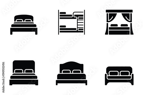 Bed icons set: single, double, bunk, canopy bed styles