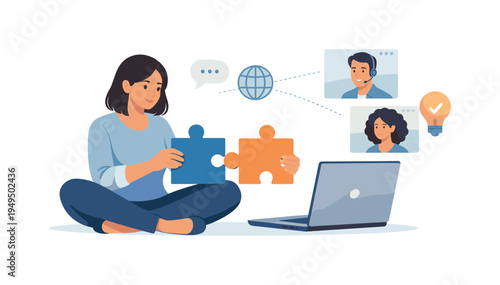 A professional strengthening collaboration while working remotely with colleagues across digital platforms, visual metaphor of a person sitting beside an open laptop while