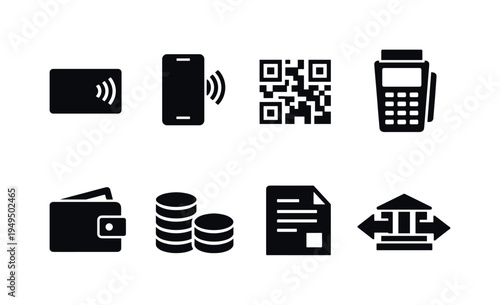 Payment methods: contactless card, smartphone tap payment, QR code square, POS terminal, digital wallet, coin stack payment, invoice bill, bank transfer arrows
