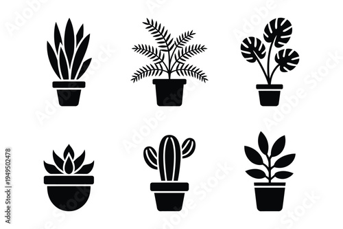 Collection of potted houseplant silhouettes, vector art