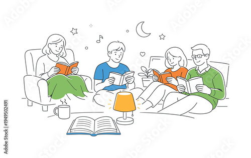 A peaceful cozy home scene where people relax indoors while reading books during a quiet evening, using a clear visual metaphor of an open book, a warm lamp, and a soft blanket to