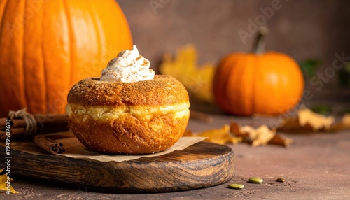 Spiced Pumpkin Doughnut with Cinnamon Sugar and Whipped Cream Topping for Autumn Festivities