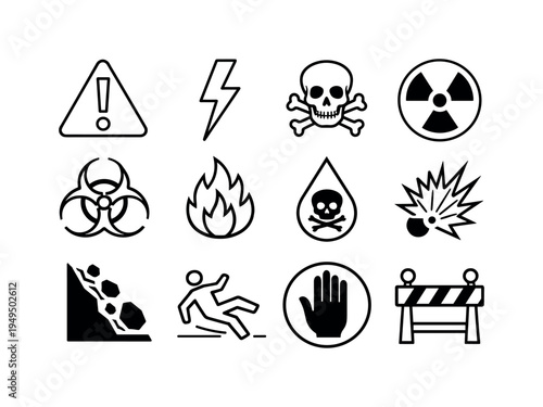 Industrial warning symbols: caution triangle with exclamation, high voltage lightning bolt, skull poison symbol, radiation hazard symbol, biohazard sign, flame flammable sign