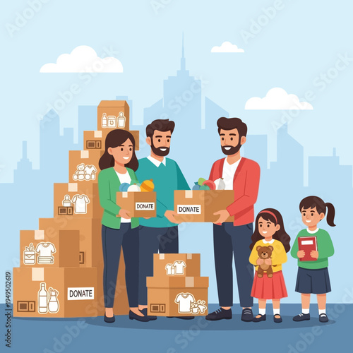 Family donating clothes and items in boxes for charity, city background
