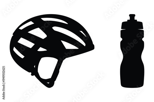 Cycling helmet and water bottle silhouette icons