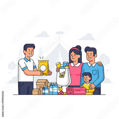 Family receiving donation of food and supplies from volunteer at camp