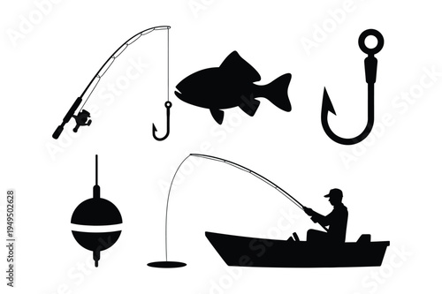 Fishing icons: boat, fisherman, fish, rod, hook