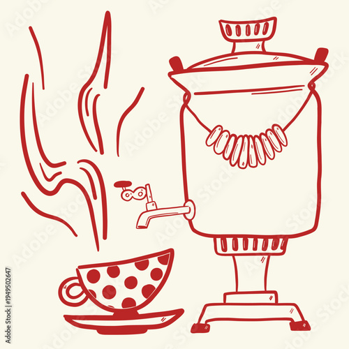 Samovar tea set with cup steam and hands line drawing vintage style
