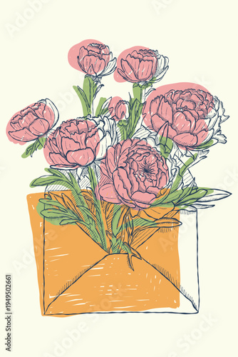 Peony flowers bouquet in envelope illustration vintage botanical style