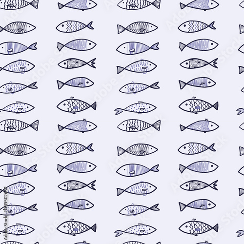Fish seamless pattern with hand drawn marine animals line style