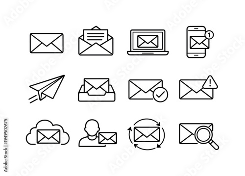 Email communication workflow: envelope closed mail, envelope open letter, laptop with envelope, smartphone with envelope notification, paper plane send message, inbox tray with