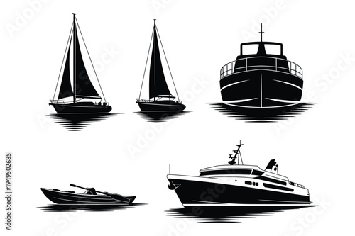 Nautical transport silhouettes: sailboat, yacht, boat