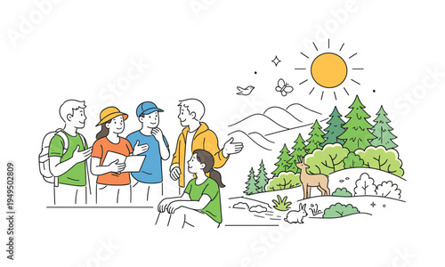 A nature conservation learning moment where a small group discusses forest ecosystems and the importance of protecting natural landscapes and biodiversity, visual metaphor of