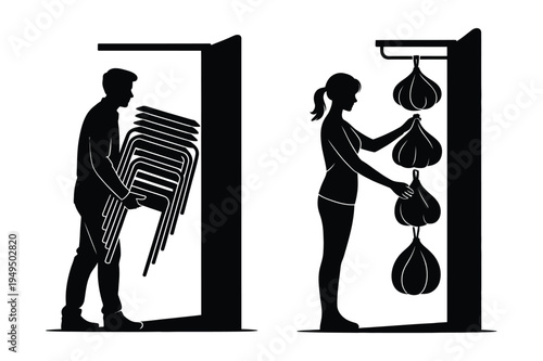 Silhouette icons: stacking chairs & hanging punching bags