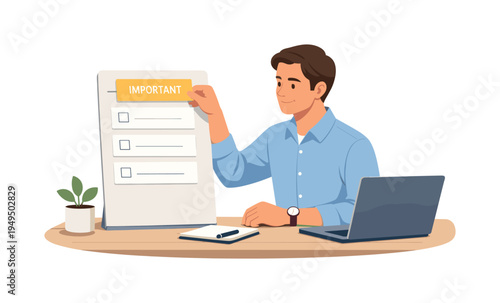 A professional improving daily focus by organizing priorities before starting work, visual metaphor of a calm office worker placing a single highlighted task card at the top of a