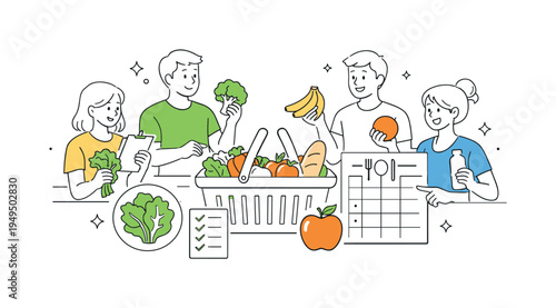A healthy lifestyle shopping scenario where people choose fresh fruits and vegetables while browsing products and planning balanced meals for the week, visual metaphor of a grocery