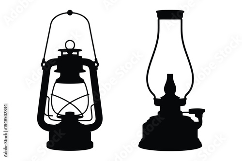 Antique lantern silhouettes - vintage oil lamp set