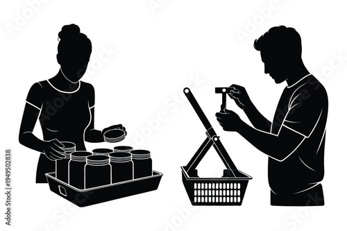 Couple shopping for groceries with basket and jars illustration