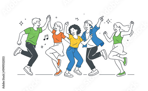 A joyful movement scene where people dance together as part of a social celebration that encourages freedom of expression and shared positive energy, visual metaphor of energetic