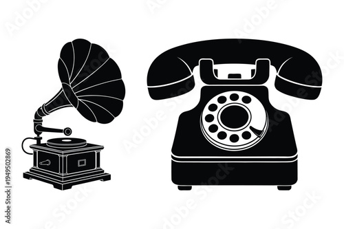 Vintage gramophone and rotary phone icons - retro tech set