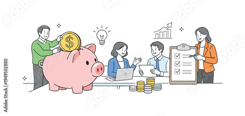 A corporate finance planning scene showing professionals organizing company resources and discussing financial strategy during a team meeting, illustrated through a simple visual