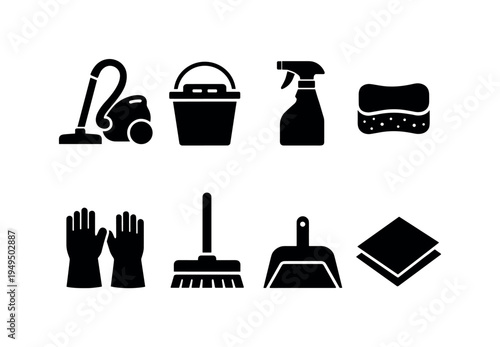 Home cleaning tools: vacuum cleaner, mop bucket, spray bottle, sponge scrubber, rubber gloves, broom brush, dustpan tray, cleaning cloth