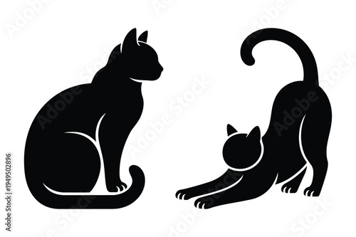 Sitting and stretching black cat silhouettes