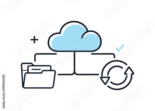 Cloud data synchronization and seamless file sharing across modern digital devices, a clean cloud symbol connected to a folder and a circular arrow creating a simple scene