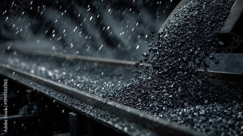 Black mineral fragments pour onto a dark industrial conveyor belt amidst falling precipitation
