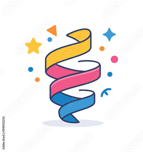 Abstract design composition focused on decorative flowing shapes and modern graphic style, a spiral ribbon element beside small confetti dots forming a clear visual metaphor for
