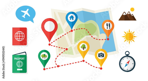 Travel planning and trip icons map.