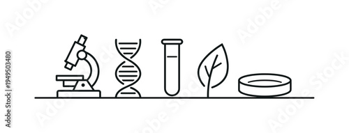 Genetic research and bioscience laboratory work analyzing DNA information to improve healthcare biotechnology and biological understanding, DNA helix, microscope, test tube, leaf