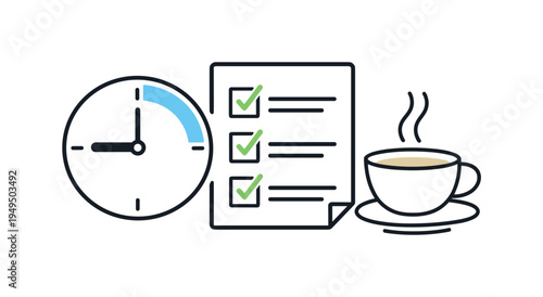 Healthy work routine and focused daily productivity for modern professionals, a simple clock positioned beside a checklist and a small coffee cup forming a clear visual metaphor