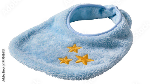 Fotografija Soft blue baby bib with three embroidered golden stars, isolated on transparent