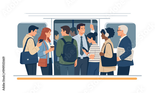 A metropolitan daily life scene representing the rhythm of city transportation and crowded transit moments, represented with doodle style commuters standing together beside a