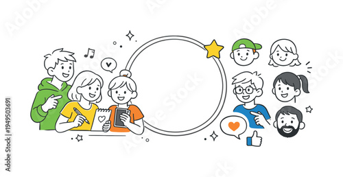 A playful digital identity concept where a small group explores simple illustrated portraits used in messaging apps, social platforms, and creative profile graphics for personal