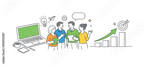 A dynamic workplace environment where groups of colleagues interact and move through shared office spaces while contributing to company projects and discussions, visual metaphor of