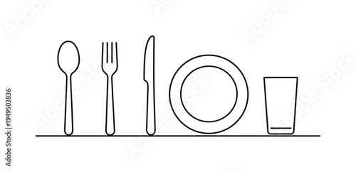 Dining utensils and table setting essentials supporting organized meal preparation and comfortable everyday eating routines, spoon, fork, knife, plate, and glass, clean simplicity