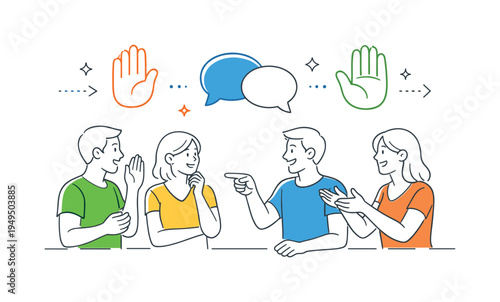 A communication and body language study scene where a small group practices expressive movements and interactions to better understand human gestures and social signals, using a