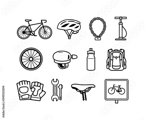 Bicycle transport and cycling gear: bicycle side view, bicycle helmet, bicycle lock chain, bicycle pump, bicycle wheel, bicycle bell, water bottle for bike, cycling backpack