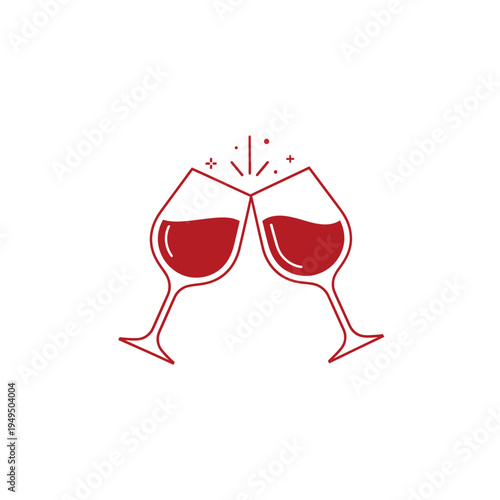 Two red wine glasses clinking in celebration, with sparkling lights.