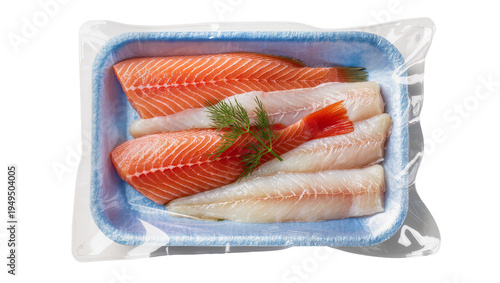 Fotografie Fresh raw salmon and white fish fillets, packaged in a blue foam tray with clear
