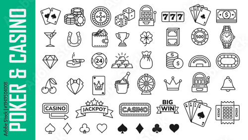 Casino and poker vector icon set. Line art illustrations of gambling items: cards, roulette, slot machine, dice, chips, and jackpot. Minimalist outline symbols for betting and gaming.