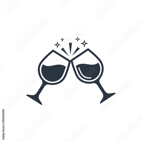 Two wine glasses clinking for a toast, celebration, party, cheers, sparkling wine, dark blue icon