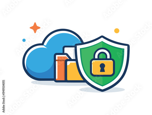 Secure digital file storage and reliable protection of important information in modern cloud based systems and services, a simple cloud icon positioned beside a protective shield