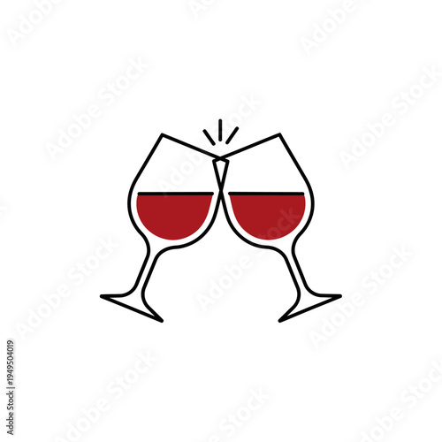 Two wine glasses clinking in a toast, celebration, cheers, red wine, party, anniversary, romantic dinner