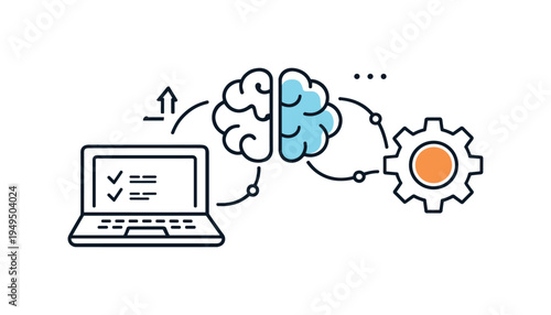 AI assisted productivity improving everyday digital workflows in a modern professional environment, a laptop connected with a small brain icon and a gear forming a clear visual