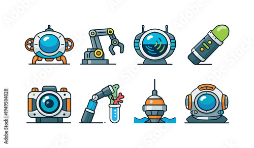 Futuristic underwater lab: submersible research pod, robotic manipulator arm, underwater sonar scanner, bioluminescent probe, pressure-resistant camera, coral sampling tool