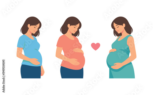 A healthcare education scene representing the stages of pregnancy and maternal body changes during prenatal development, represented with three figures of an expecting mother from